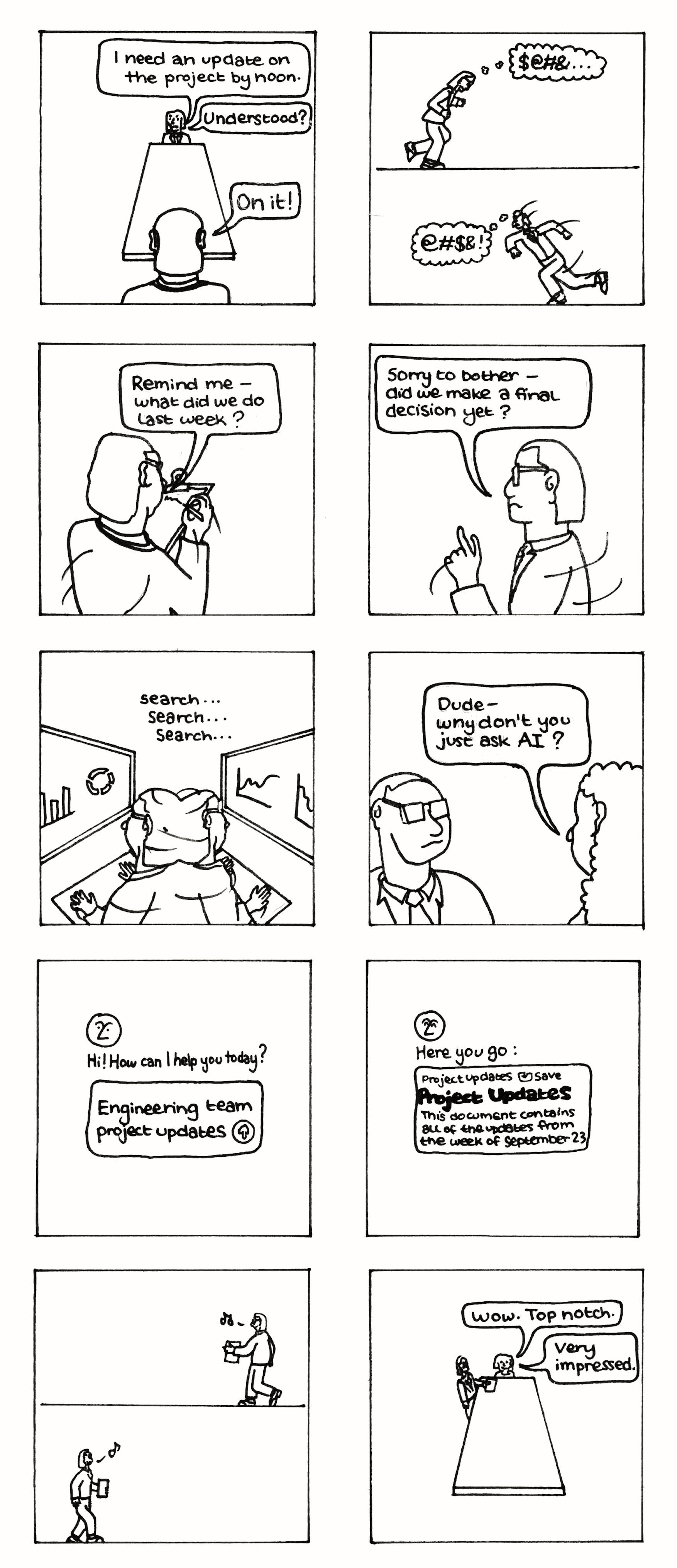 comic describing how Notion AI can help you get an update from your team