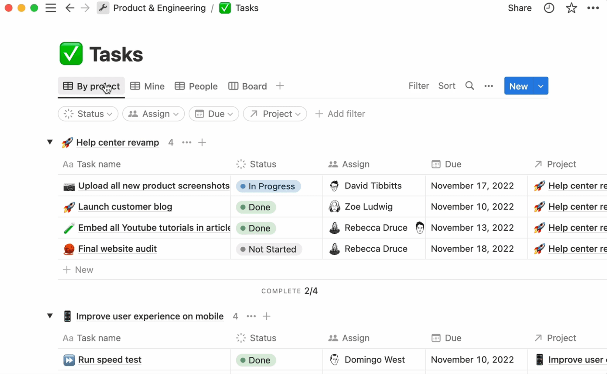 Tasks database in Notion